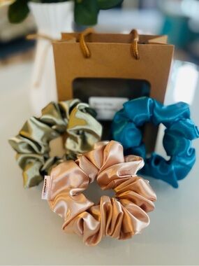 Silk Satin Scrunchie Set – Rose Gold, Teal & Olive